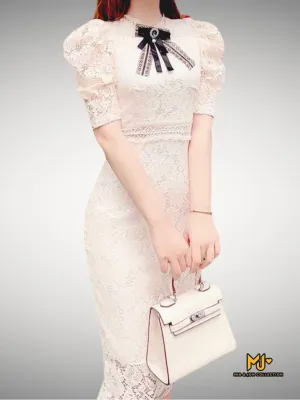 V1890 Puff Sleeve Bodycon Lace Dress