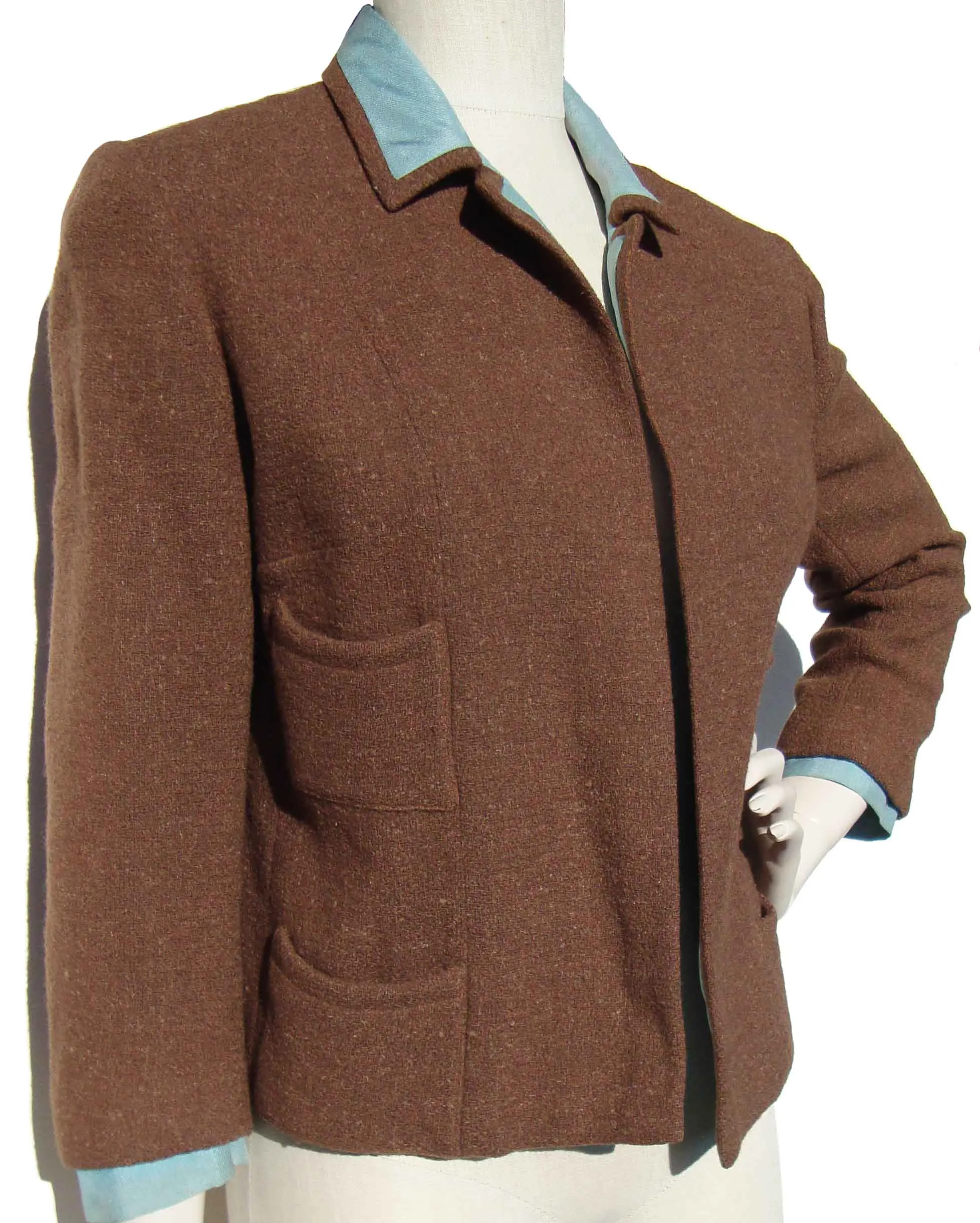 Vintage 60s Crop Jacket Brown Wool & Teal Silk Bolero M