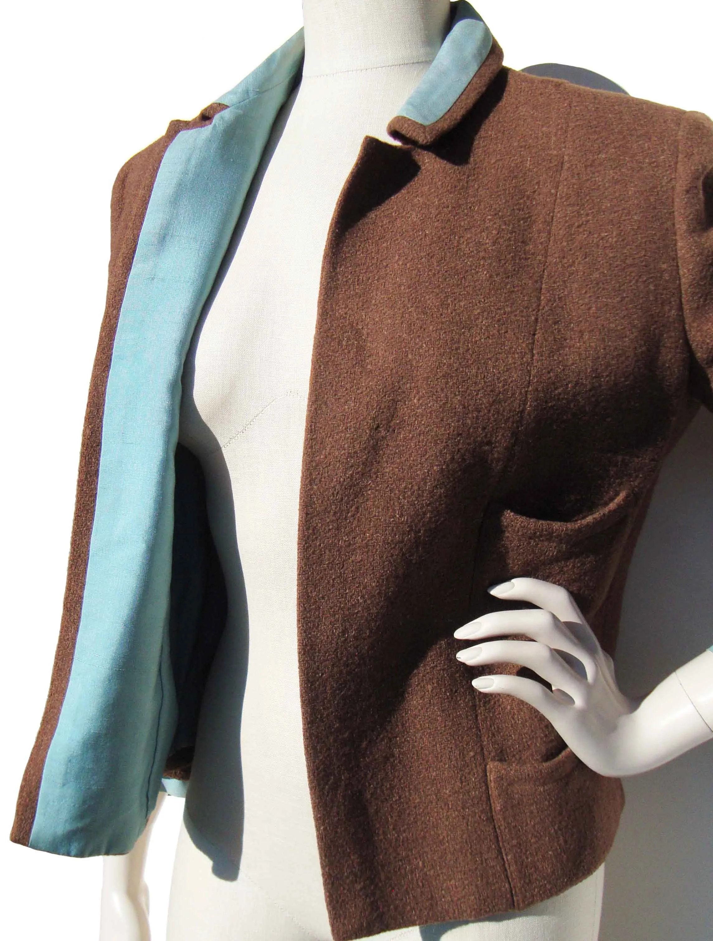 Vintage 60s Crop Jacket Brown Wool & Teal Silk Bolero M