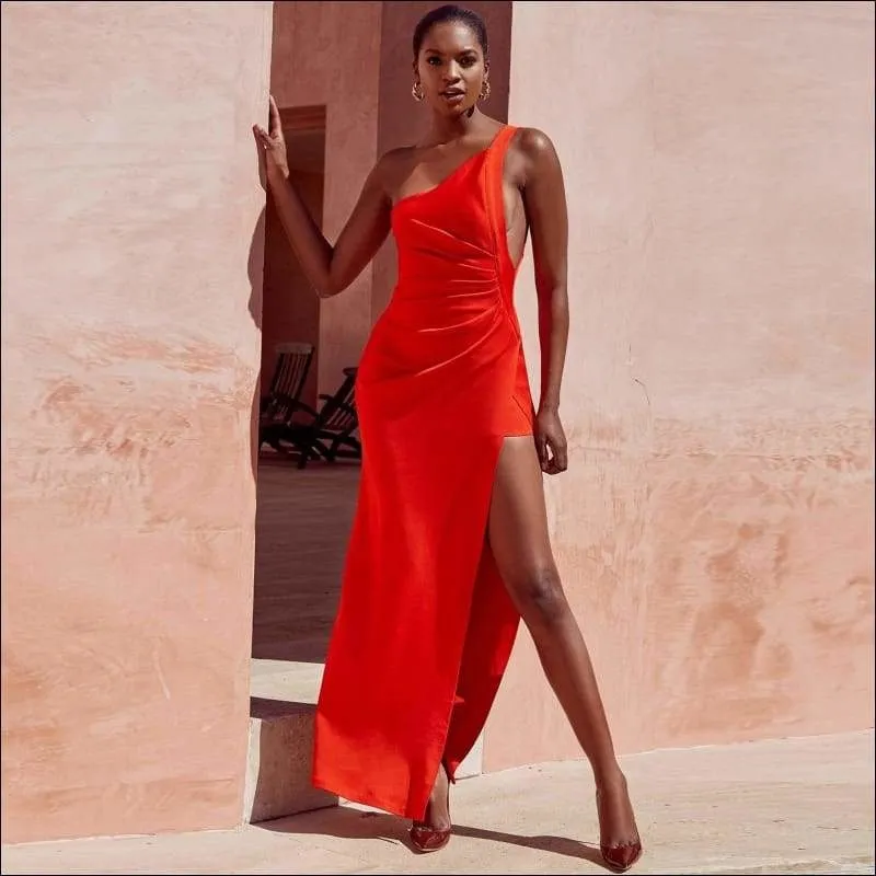 Winnal Sexy One shoulder Side slit Long Dress Vstidos Beach Party Club Bodycon Dress Red