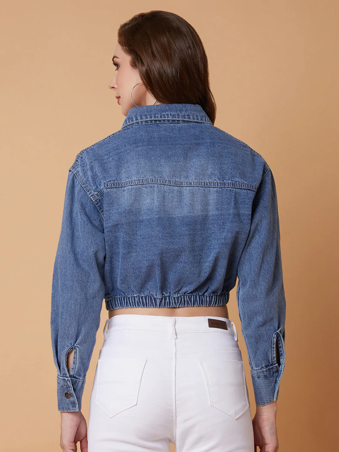 Women Blue Crop Denim Jacket