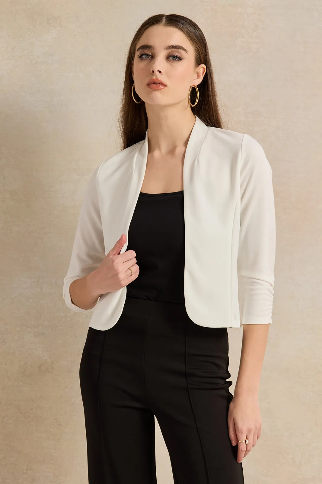 Women Ivory Cropped Long Sleeve Jacket