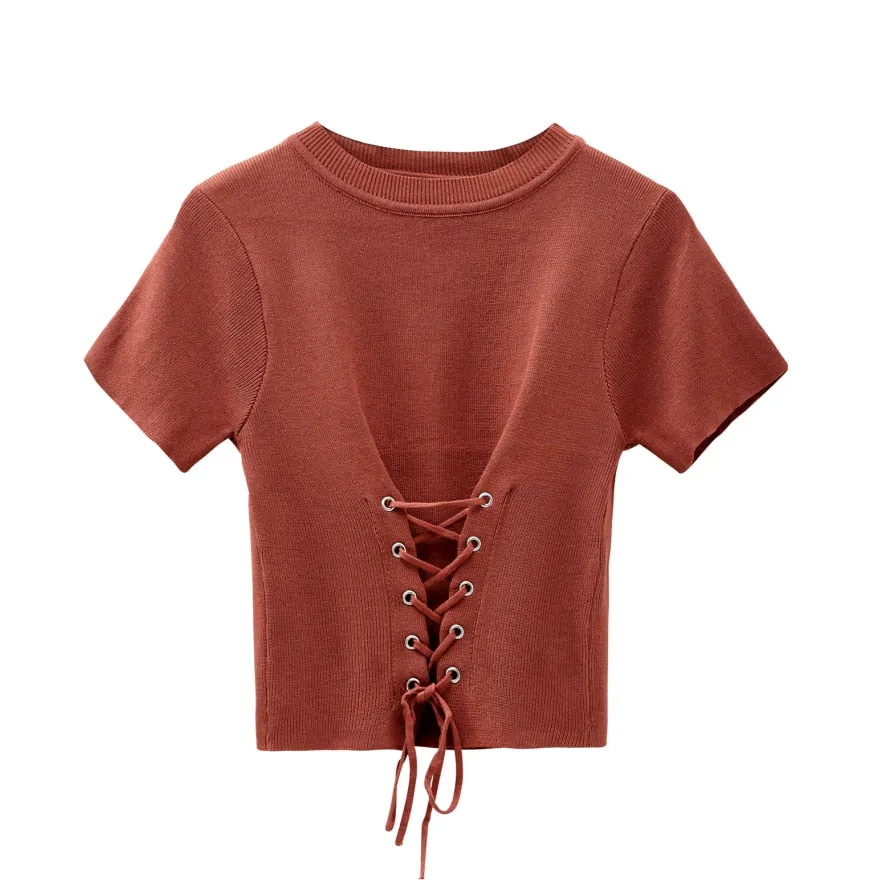 Women Knitted Solid Colour Top Short Sleeve Lace Up Cropped T-shirt