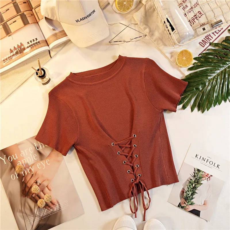 Women Knitted Solid Colour Top Short Sleeve Lace Up Cropped T-shirt