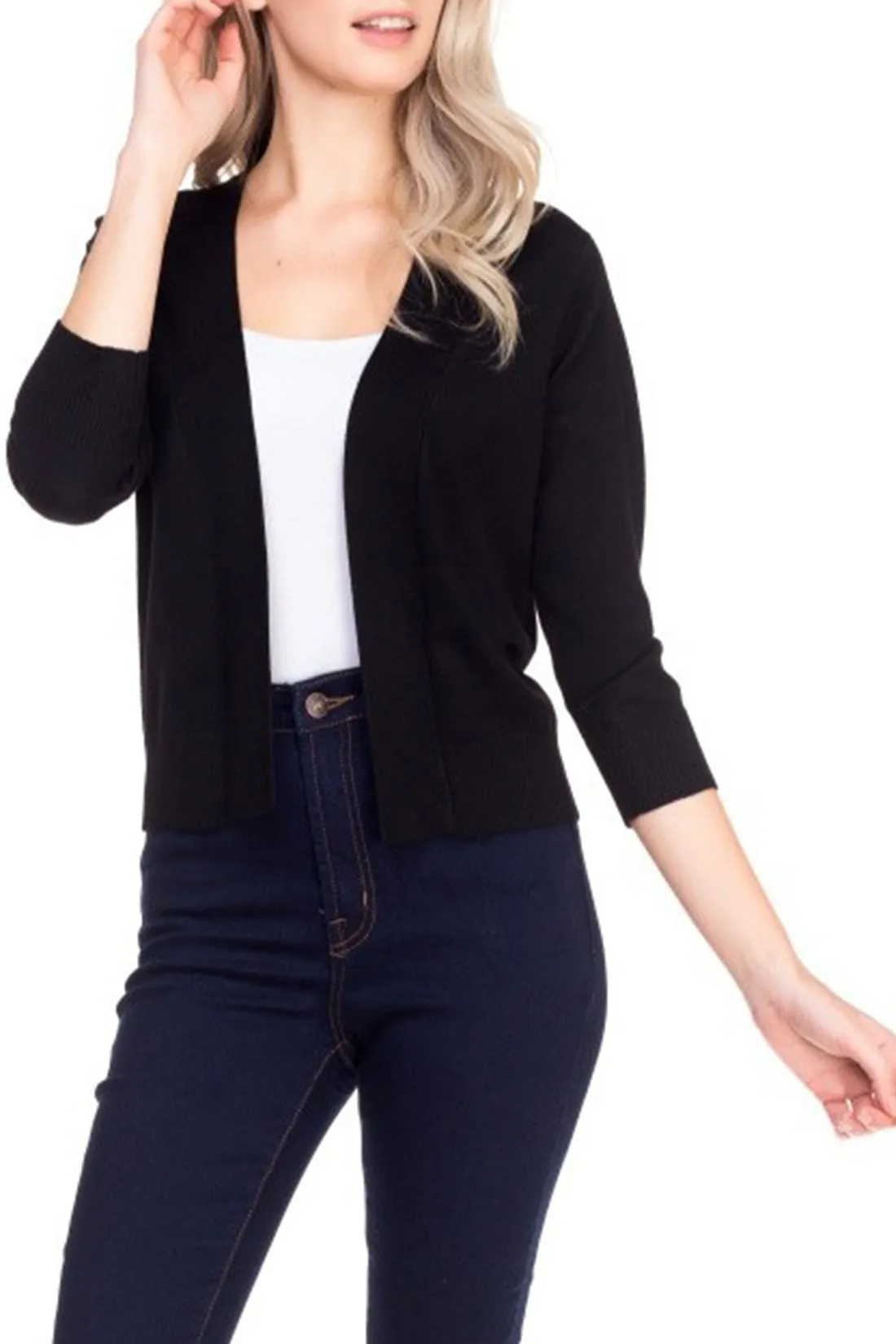 Women's Basic 3/4 Sleeve Open Front Cropped Cardigan (FWC1031)