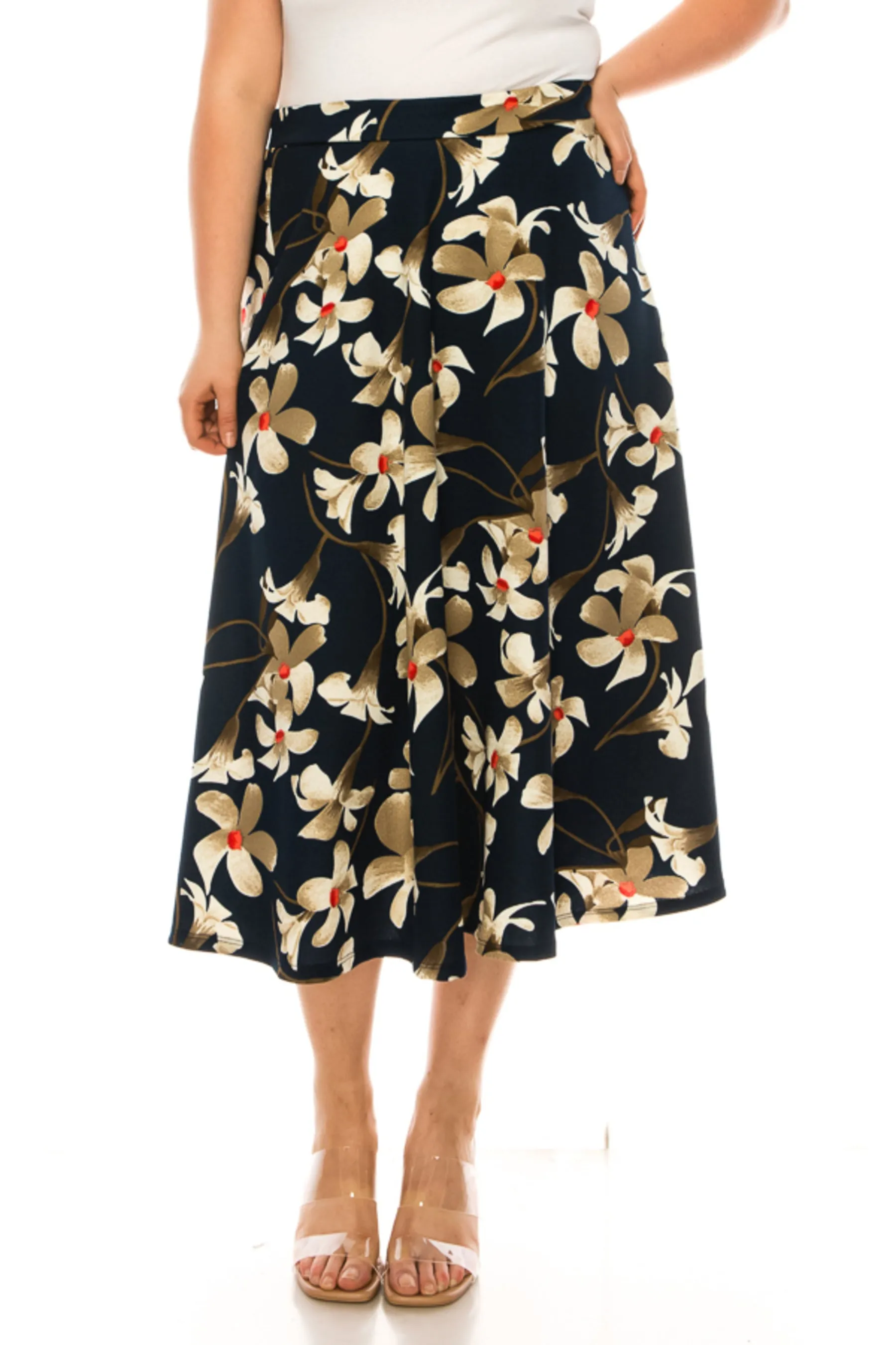 Women's Plus size A-line midi skirt with flowers and elastic waistband