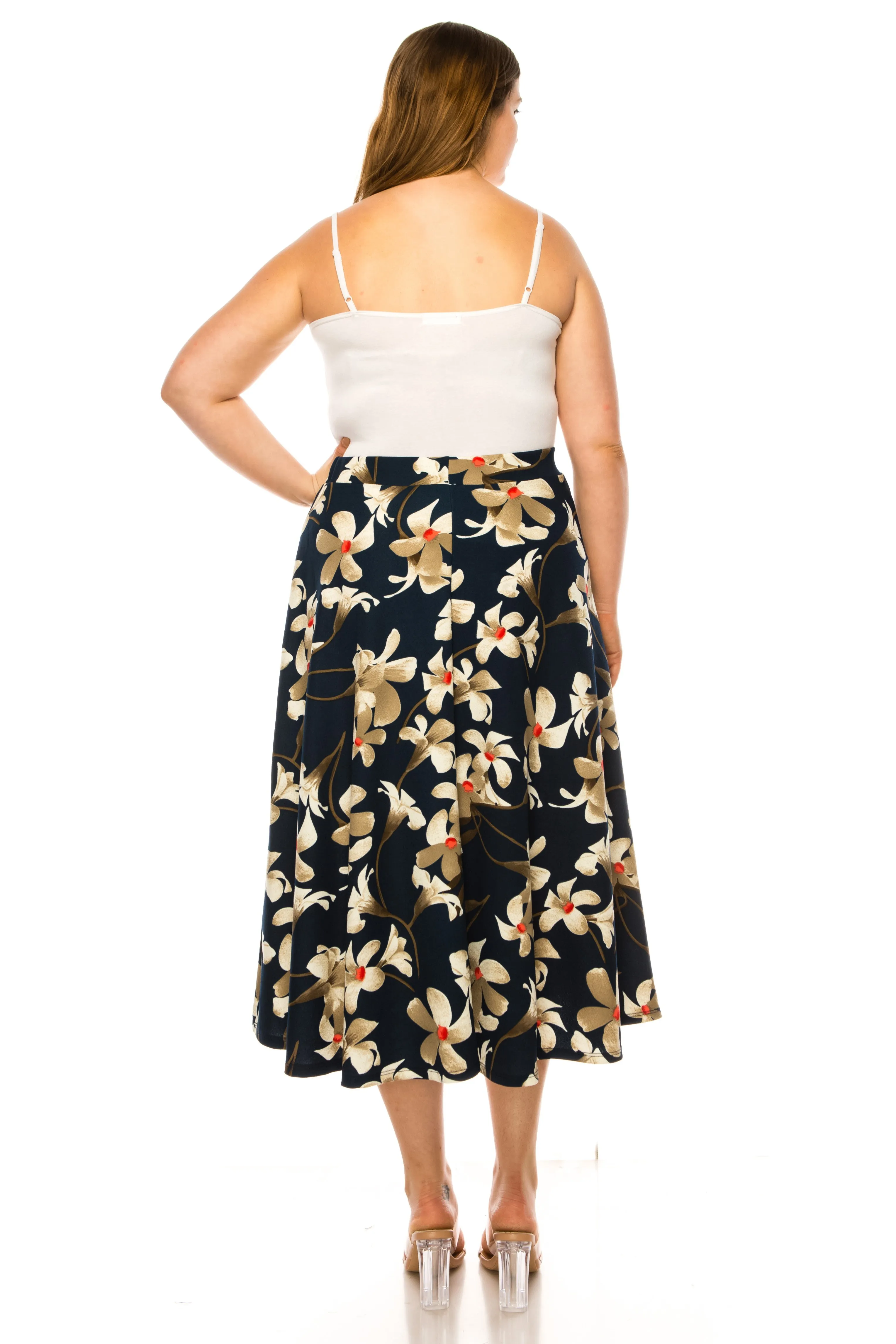 Women's Plus size A-line midi skirt with flowers and elastic waistband