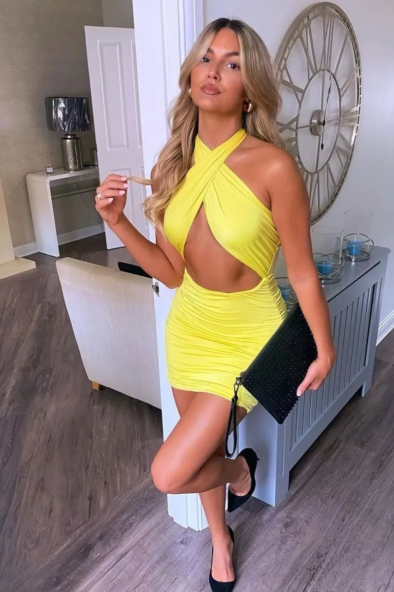 Yellow Slinky Cross Over Bodycon Dress